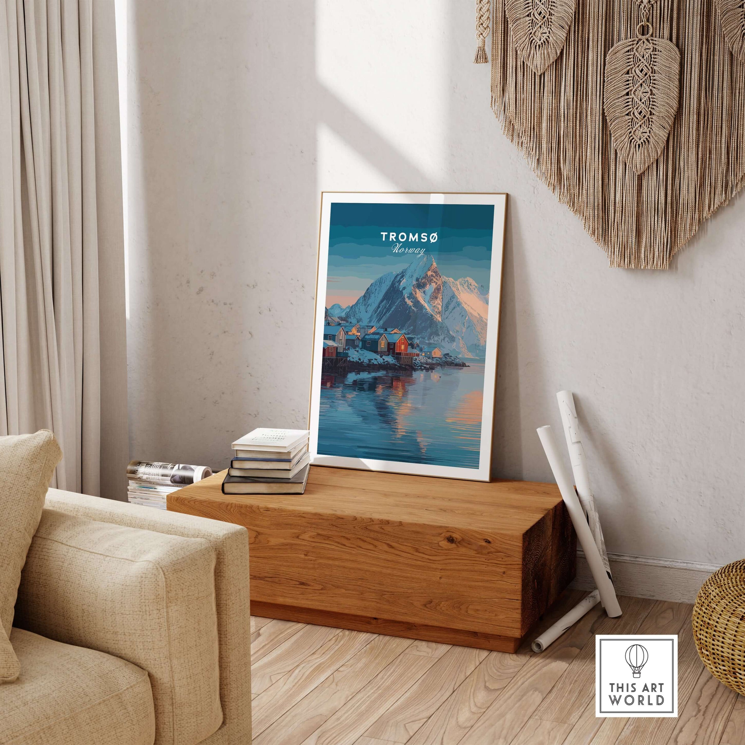 Tromsø Print | Nordic Home Decor Norway Poster displayed in a stylish living room, showcasing arctic landscapes.