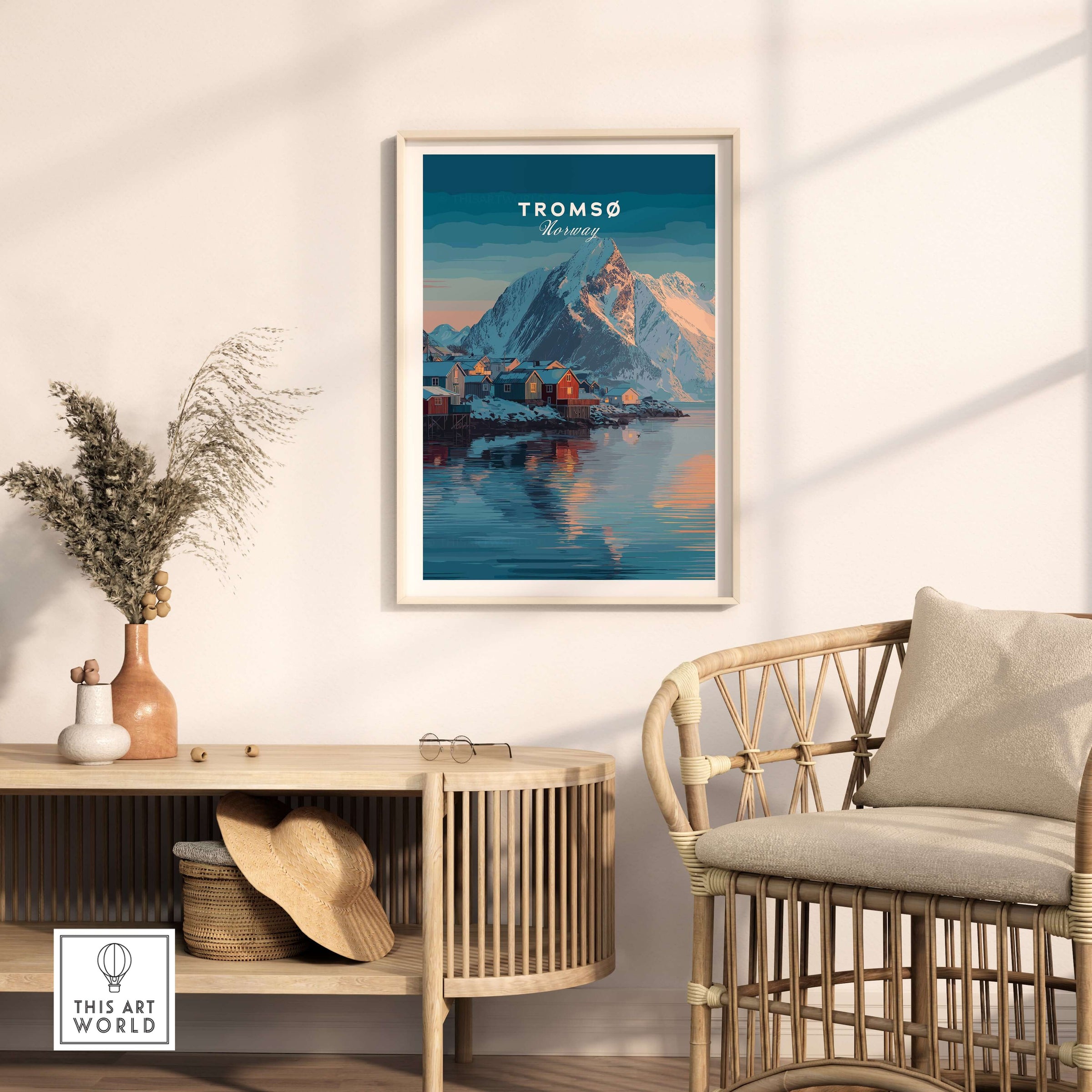 Tromsø Print | Nordic Home Decor Norway Poster displayed in a stylish living room with plant and chairs.