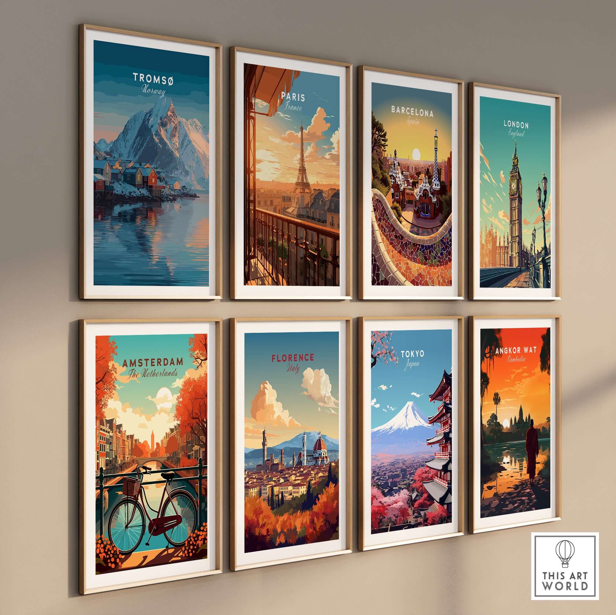 Tromsø Print | Nordic Home Decor Norway Poster displayed among famous city posters on a gallery wall.