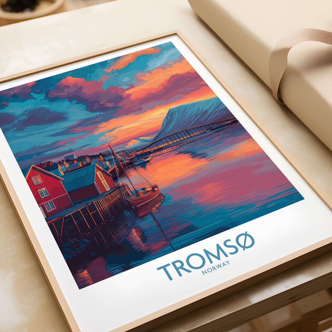 Tromsø Norway Arctic Art Print | Northern Lights Town Poster featuring a vibrant sunset over the harbor.