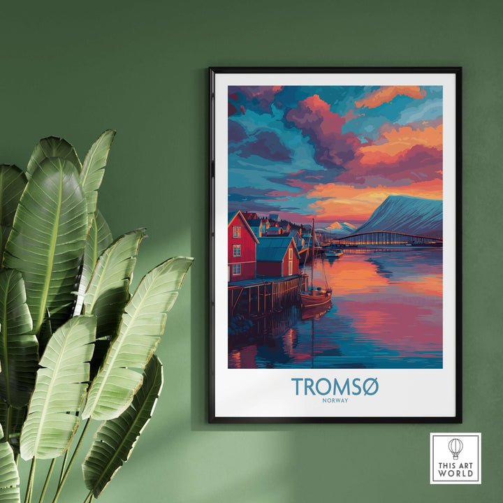 Tromsø Norway Arctic Art Print | Northern Lights Town Poster showcasing vibrant colors and charming Arctic landscape.