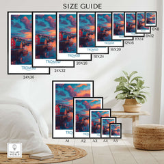 Tromsø Norway Arctic Art Print | Northern Lights Town Poster size guide with various dimensions displayed.