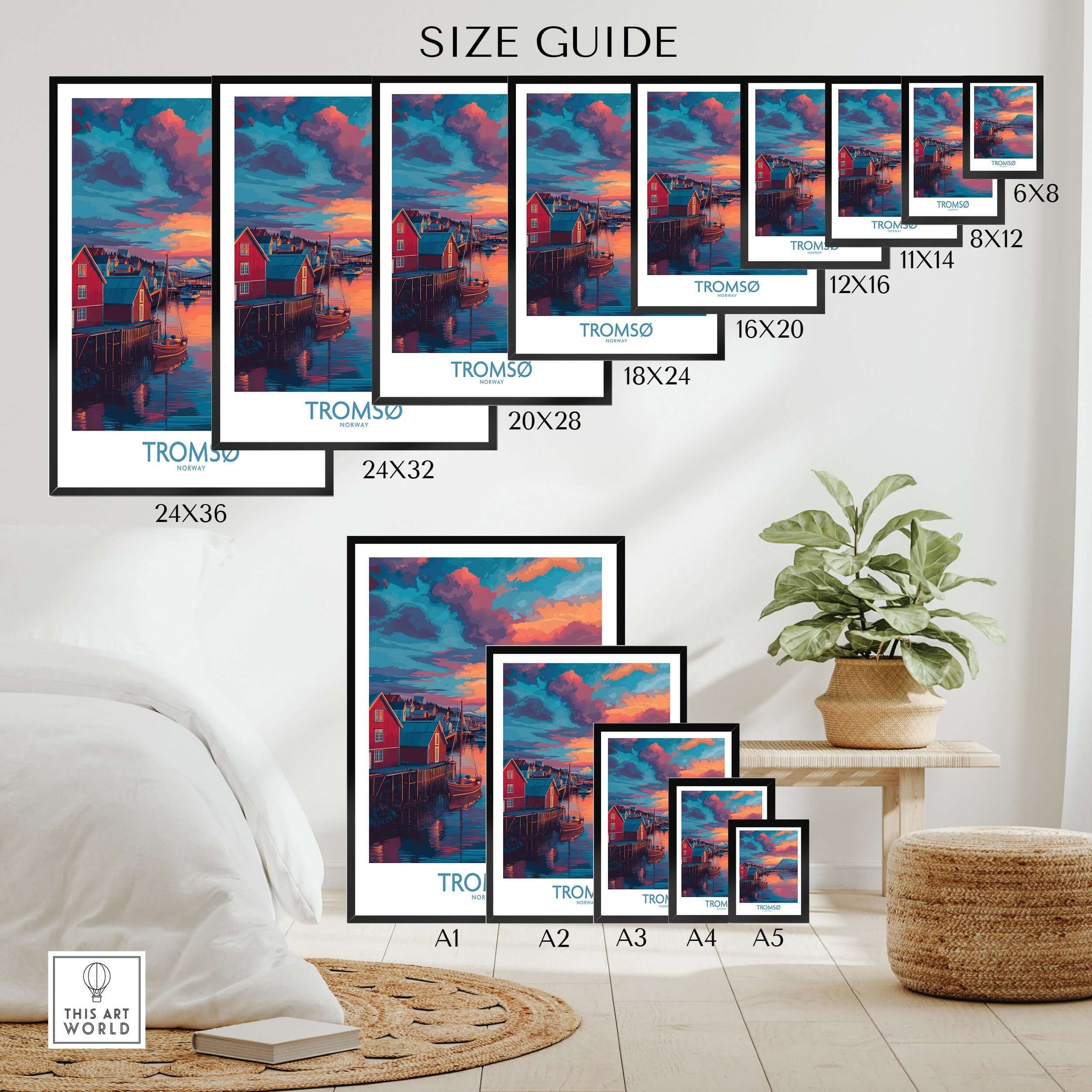 Tromsø Norway Arctic Art Print | Northern Lights Town Poster size guide with various dimensions displayed.