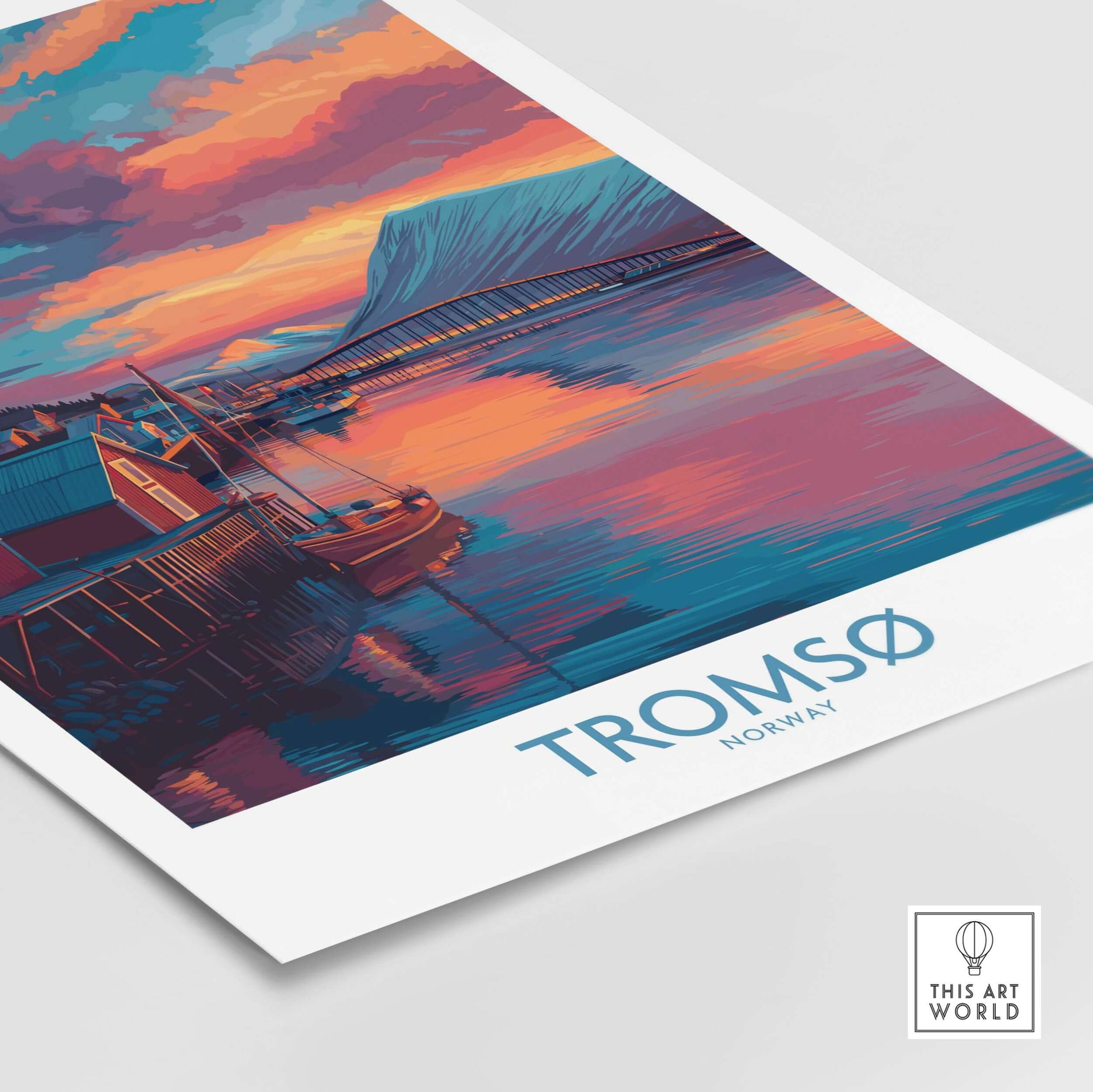 Tromsø Norway Arctic Art Print | Northern Lights Town Poster showcasing vibrant colors and scenic harbor.
