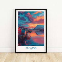 Tromsø Norway Arctic Art Print | Northern Lights Town Poster showcasing a vibrant sunset over the town and harbor.