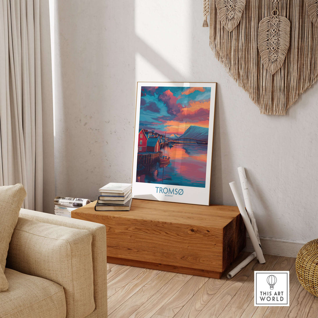 Tromsø Norway Arctic Art Print | Northern Lights Town Poster displayed in a cozy living room setting.
