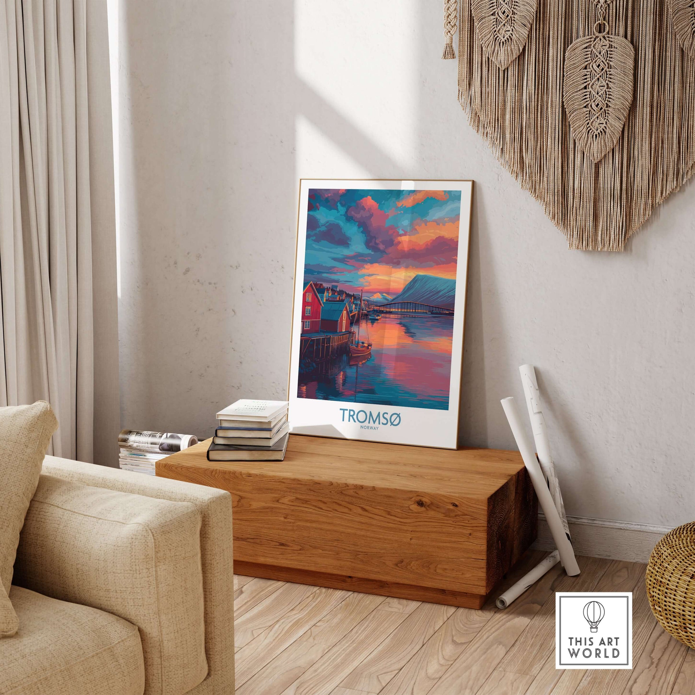 Tromsø Norway Arctic Art Print | Northern Lights Town Poster displayed in a cozy room setting.