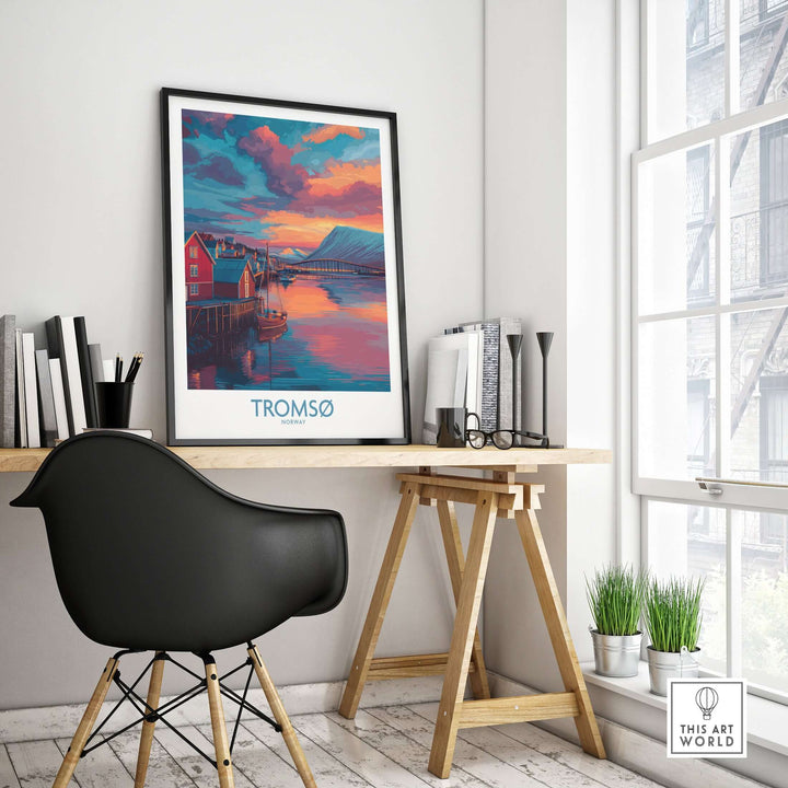 Tromsø Norway Arctic Art Print | Northern Lights Town Poster displayed in a stylish interior setting with modern decor.