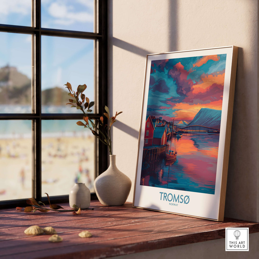 Tromsø Norway Arctic Art Print | Northern Lights Town Poster displayed by a sunlit window, showcasing vibrant colors.