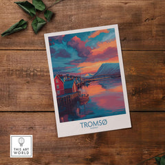 Tromsø Norway Arctic Art Print | Northern Lights Town Poster featuring colorful scenery and reflections in the water.