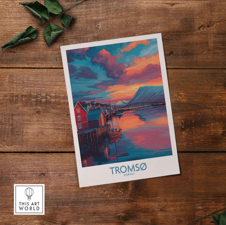 Tromsø Norway Arctic Art Print | Northern Lights Town Poster showcased on wooden surface with vibrant colors.