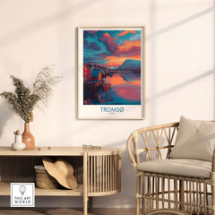 Tromsø Norway Arctic Art Print | Northern Lights Town Poster hanging in cozy living room decor.