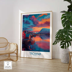 Tromsø Norway Arctic Art Print | Northern Lights Town Poster displayed in a stylish interior setting with plants.