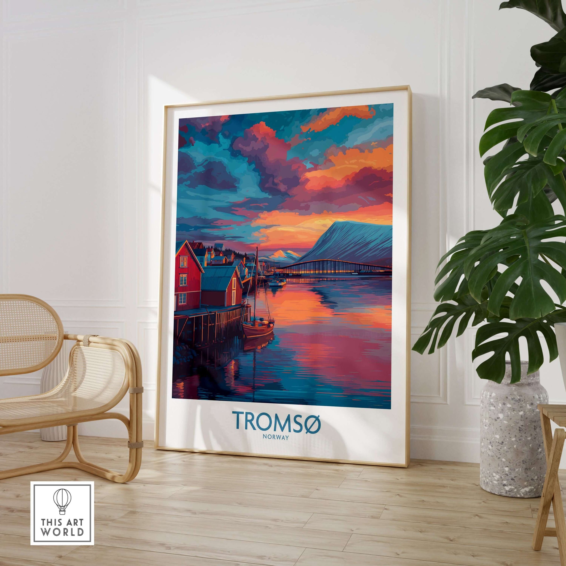 Tromsø Norway Arctic Art Print | Northern Lights Town Poster displayed in a stylish interior setting with plants.