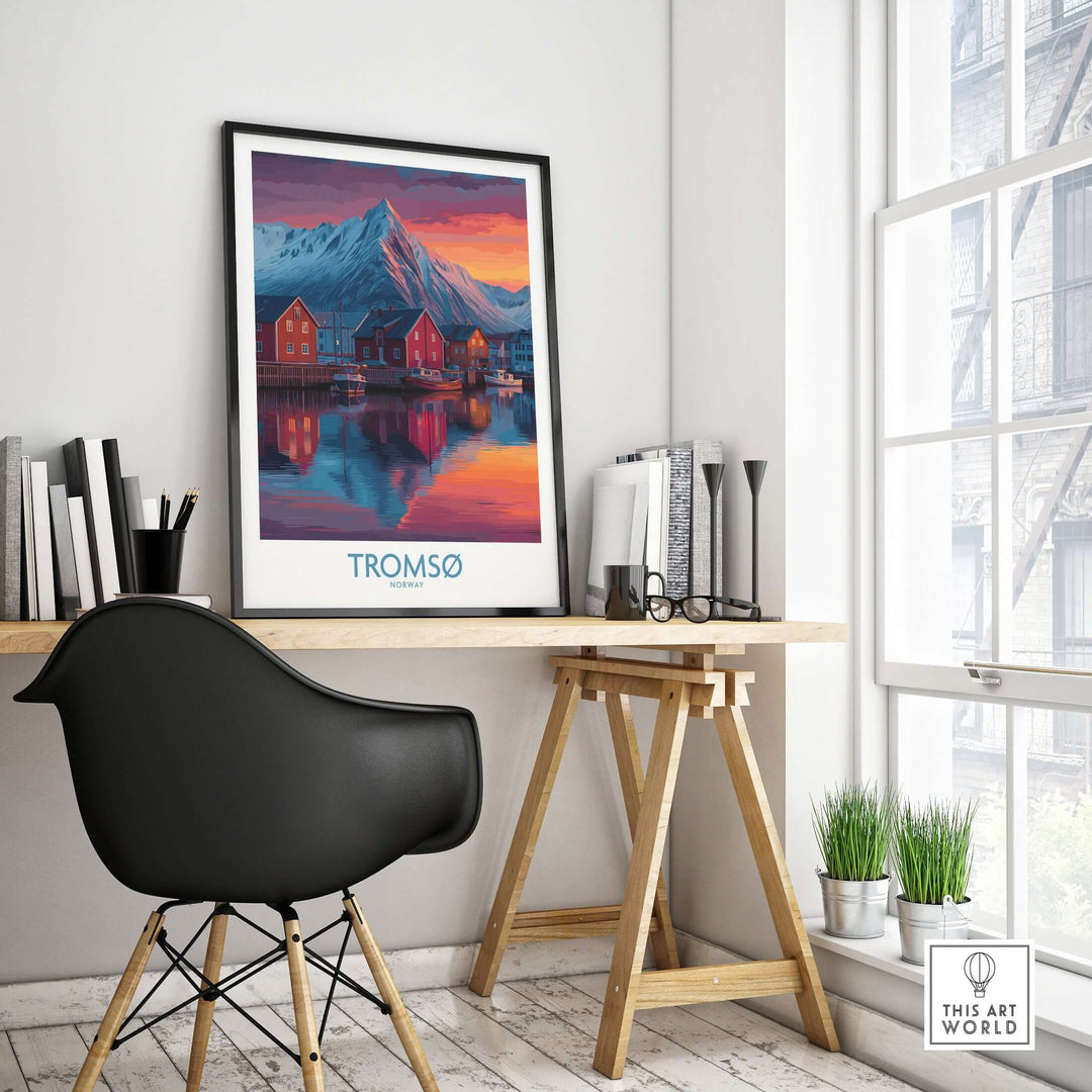 Tromsø Norway Art Print featuring a stunning Arctic landscape in a modern home office setting.