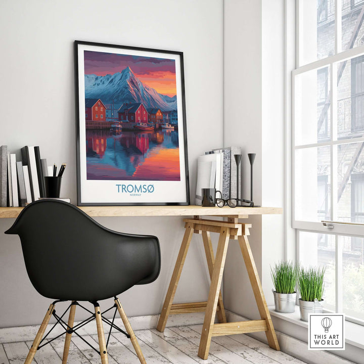 Tromsø Norway Art Print featuring a stunning Arctic landscape in a modern home office setting.