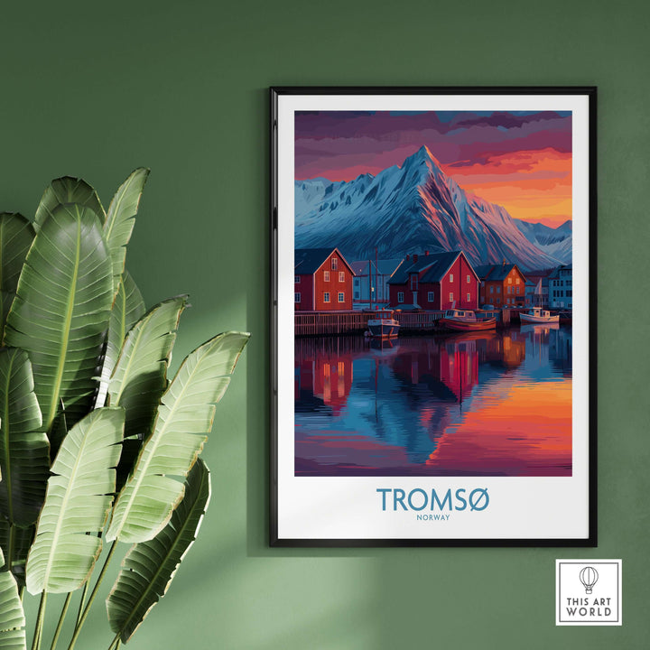 Tromsø Norway Art Print featuring colorful houses by the water and mountains in the background.