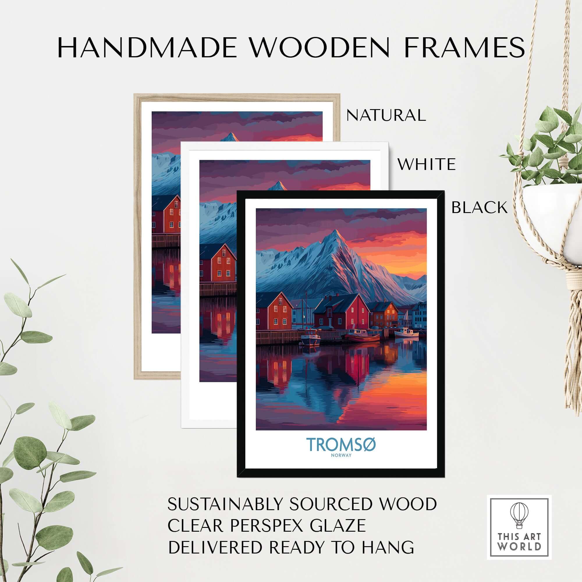 Tromsø Norway Art Print in handmade wooden frames, available in natural, white, and black colors.