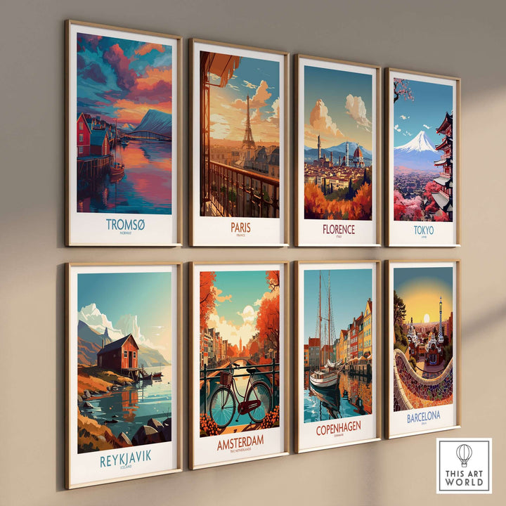 Tromsø Norway Arctic Art Print | Northern Lights Town Poster displayed among city-themed art prints.