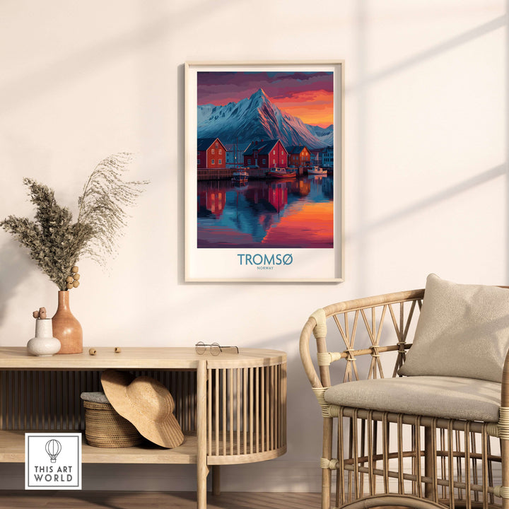 Tromsø Norway Art Print featuring a stunning Arctic landscape with mountains and colorful houses.