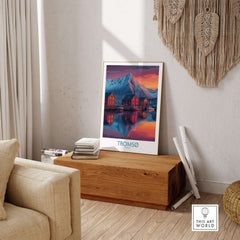 Tromsø Norway Art Print displayed in a cozy living room, showcasing Arctic landscapes and charming Norwegian architecture.
