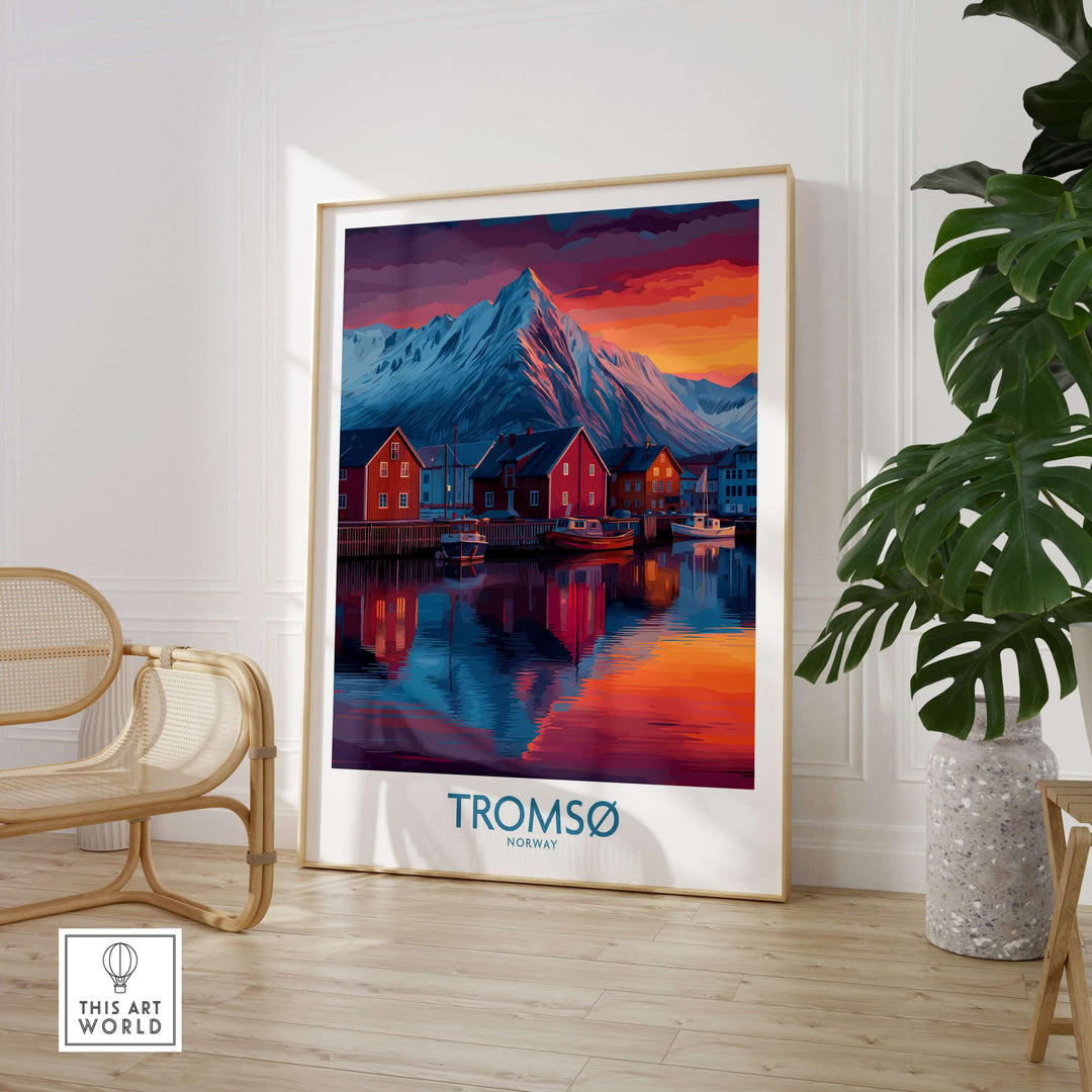 Tromsø Norway Art Print featuring stunning mountains and colorful houses reflected in water.