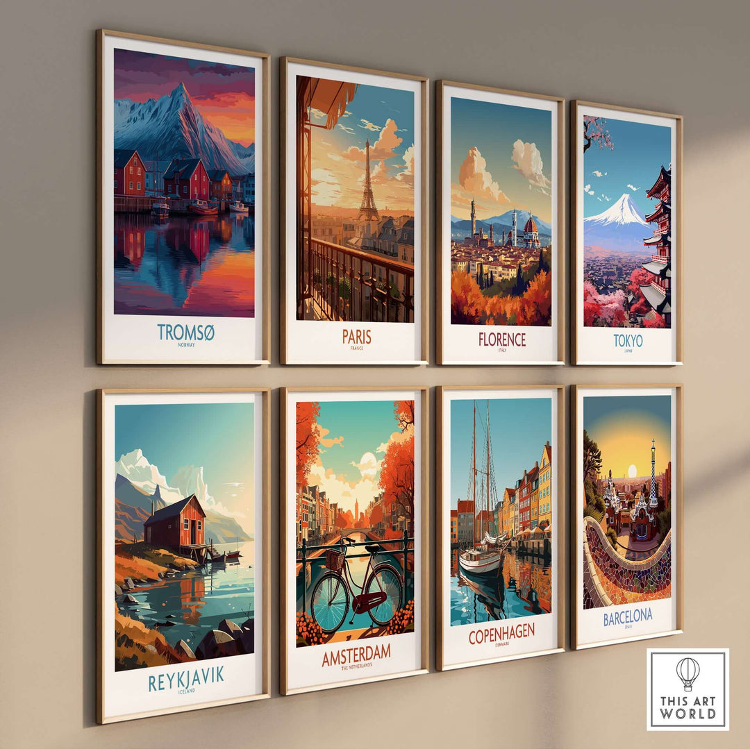 Tromsø Norway Art Print and other city art prints displayed in a stylish gallery wall arrangement.