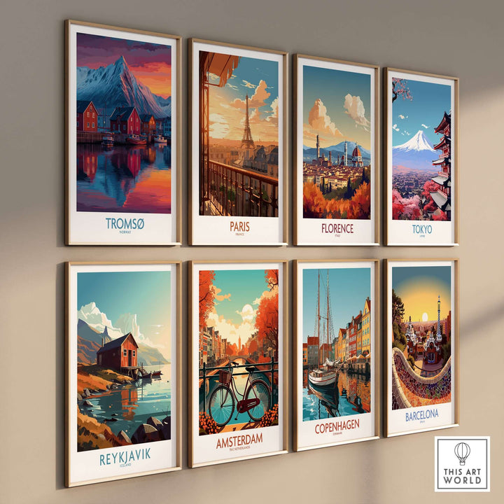 Tromsø Norway Art Print and other city art prints displayed in a stylish gallery wall arrangement.