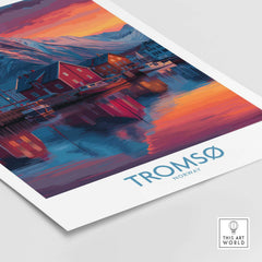 Tromsø Norway Art Print showcasing colorful houses and stunning reflections in water.