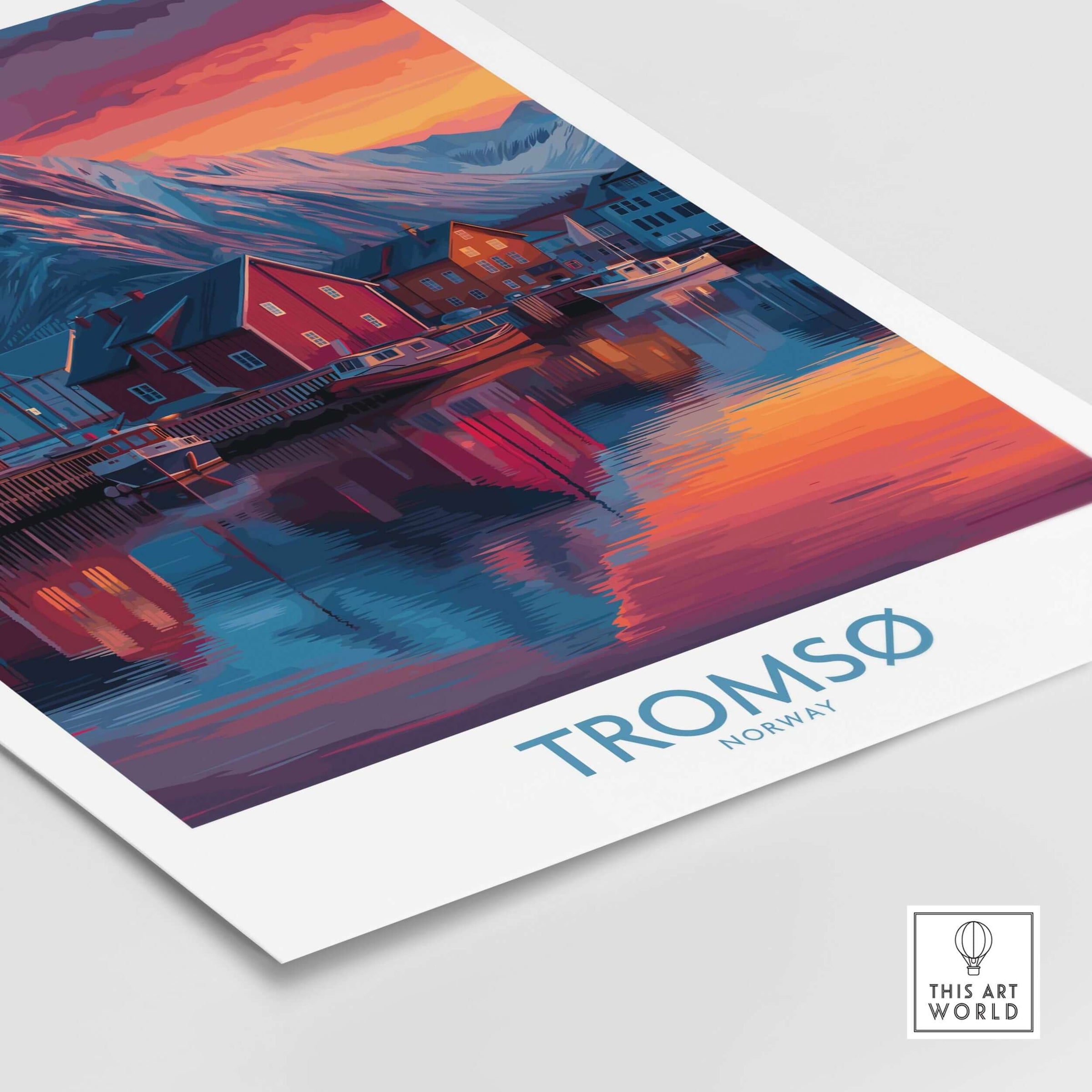 Tromsø Norway Art Print showcasing colorful houses and stunning reflections in water.