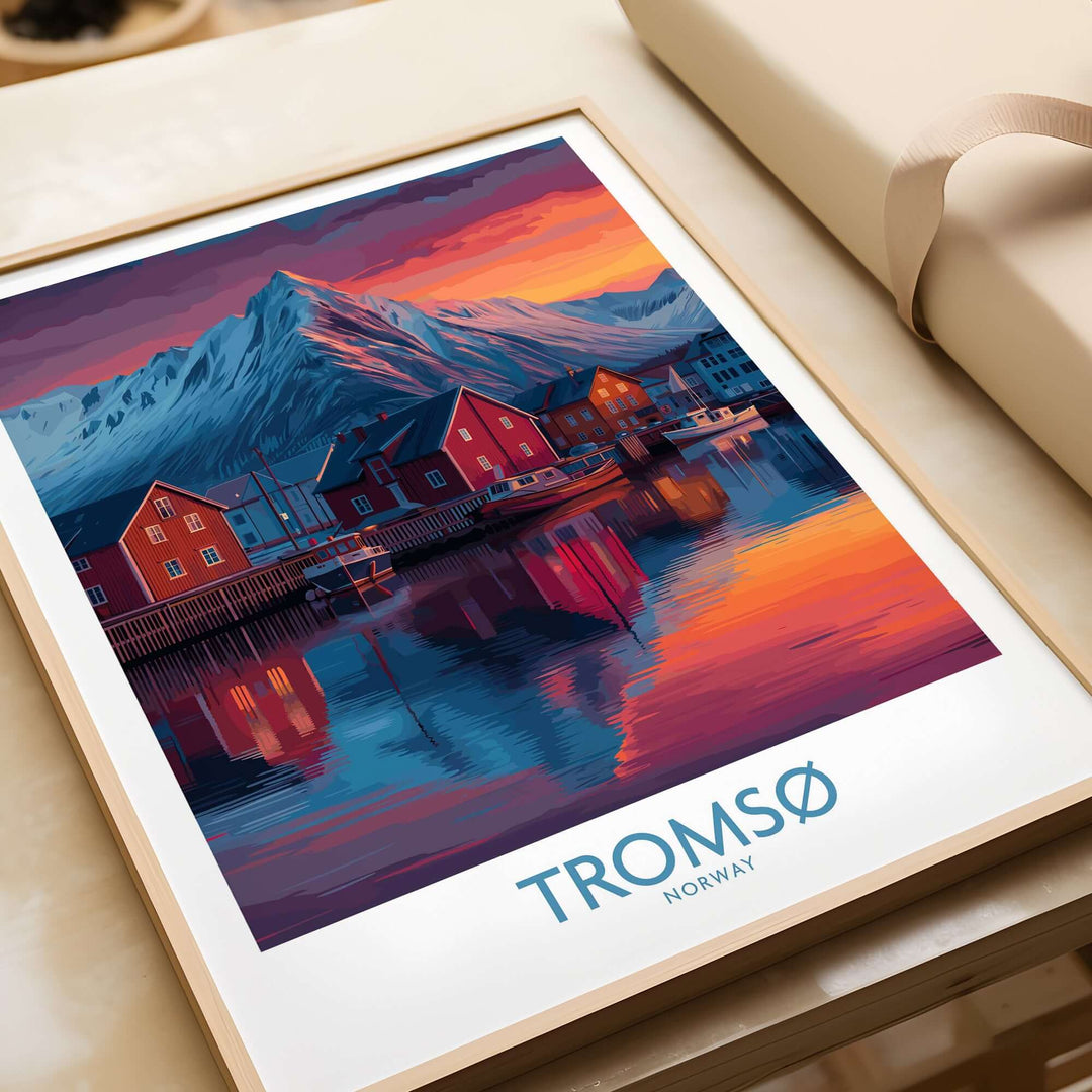 Tromsø Norway Art Print featuring vibrant Arctic landscape and colorful buildings reflecting on water.