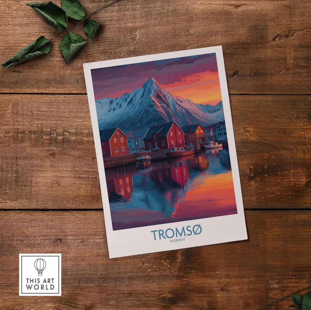 Tromsø Norway Art Print showcasing stunning Arctic charm and colorful scenery of Tromsø, Norway on a wooden background.