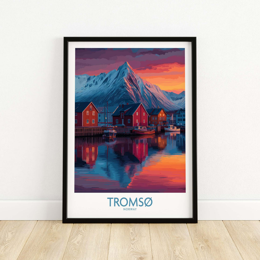 Tromsø Norway Art Print featuring colorful houses and mountains reflecting in the water at sunset.