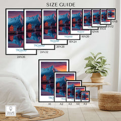 Size guide for Tromsø Norway Art Print showcasing various dimensions and framed art options.