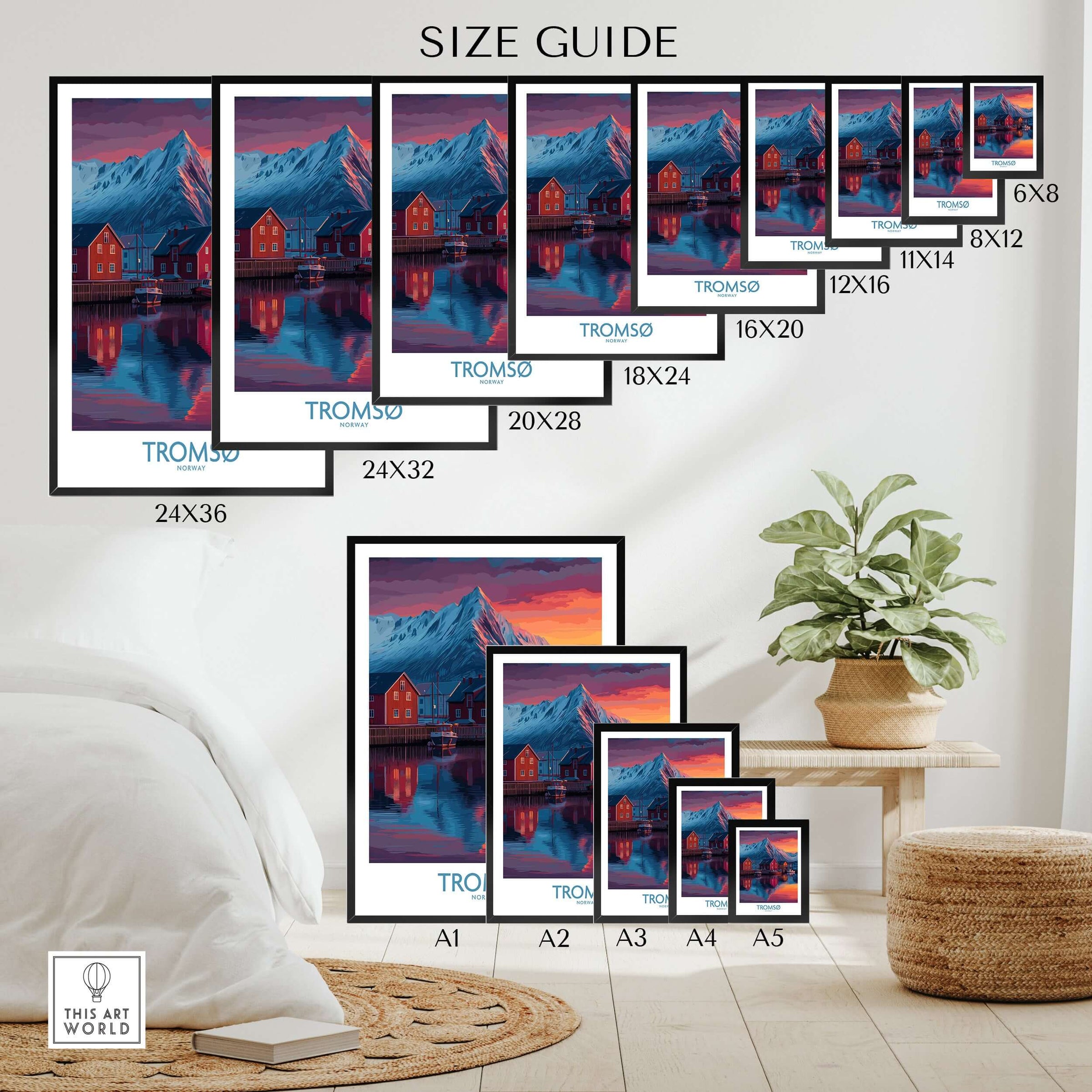 Size guide for Tromsø Norway Art Print showcasing various dimensions and framed art options.