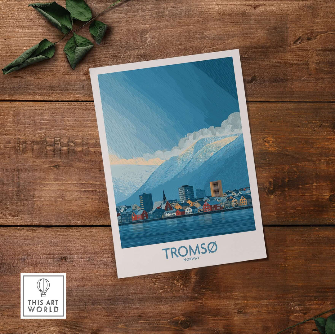 Tromsø Norway Art Print | Snowy Mountain City Poster showcasing vibrant city and majestic mountains.