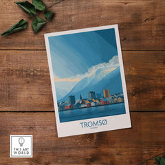 Tromsø Norway Art Print | Snowy Mountain City Poster featuring a vibrant cityscape and majestic mountains.