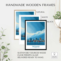 Tromsø Norway Art Print | Snowy Mountain City Poster displayed in handmade wooden frames in natural, white, and black finishes.