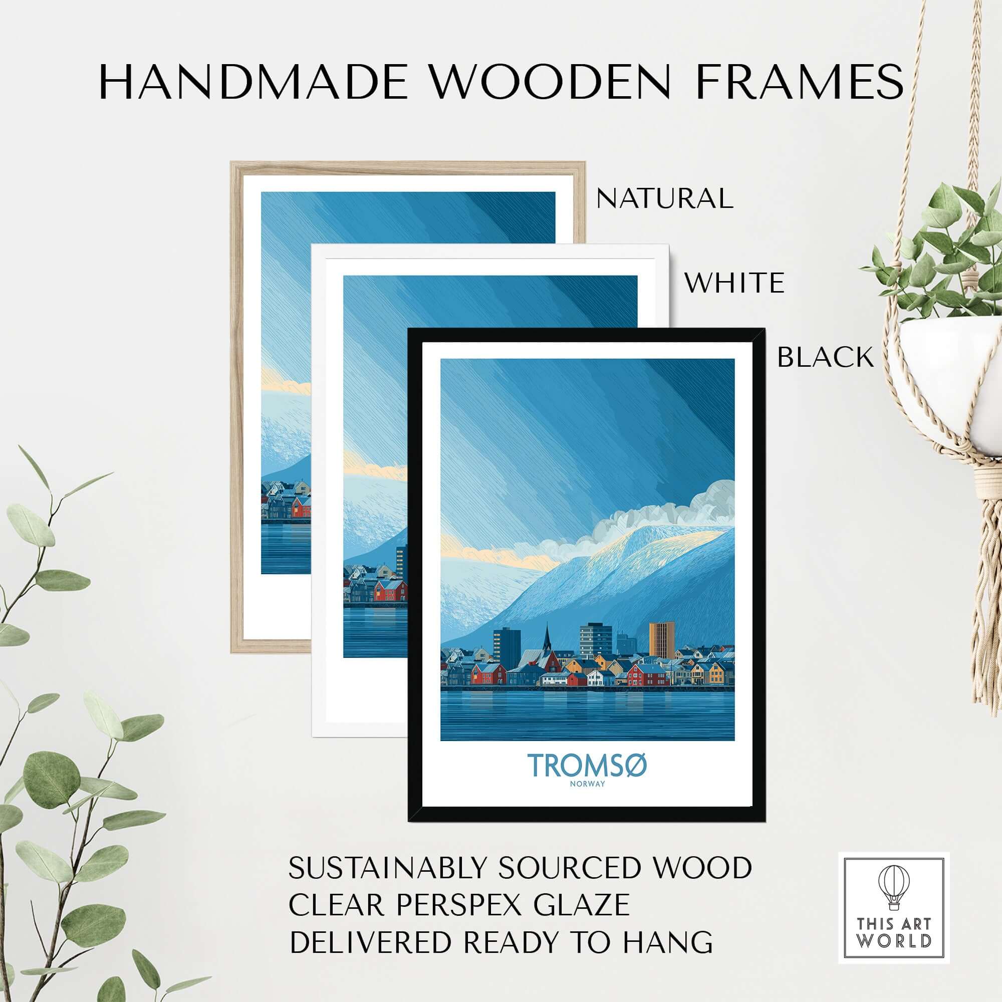 Tromsø Norway Art Print | Snowy Mountain City Poster displayed in handmade wooden frames in natural, white, and black finishes.