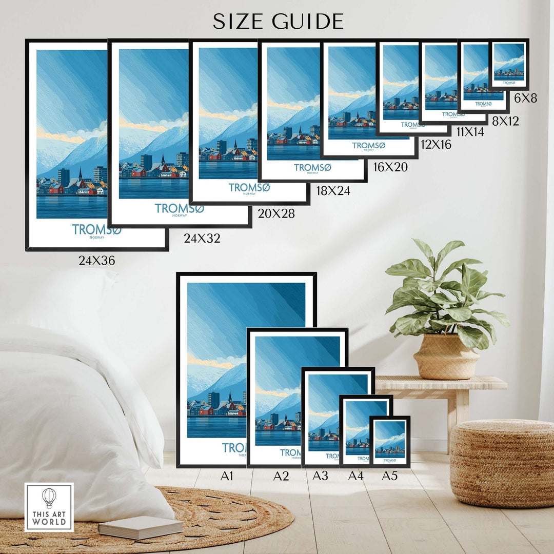 Tromsø Norway Art Print | Snowy Mountain City Poster size guide showing various dimensions for wall art display.