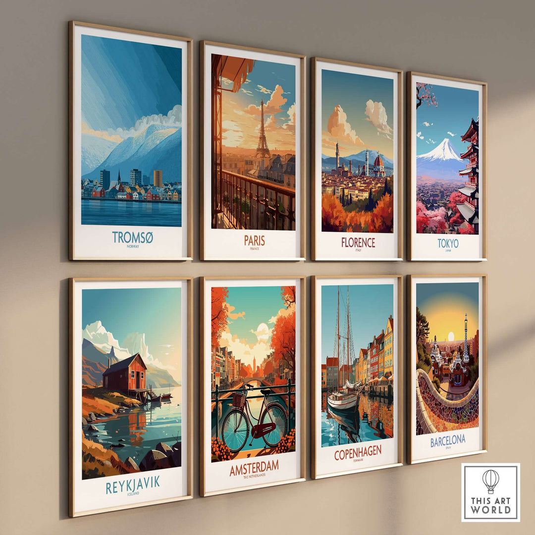 Tromsø Norway Art Print | Snowy Mountain City Poster displayed among various city art prints
