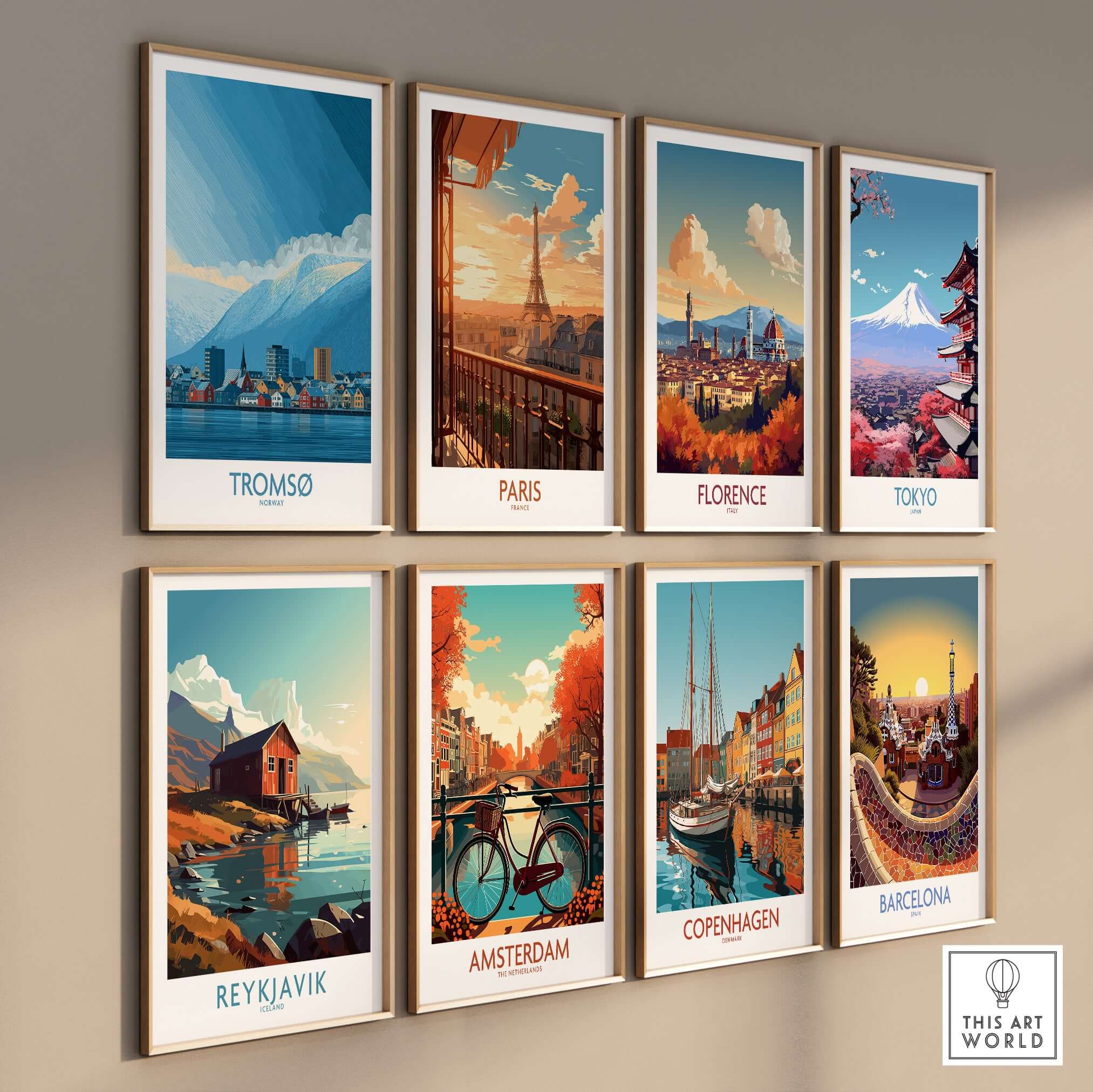 Tromsø Norway Art Print | Snowy Mountain City Poster collection featuring vibrant city and landscape illustrations.