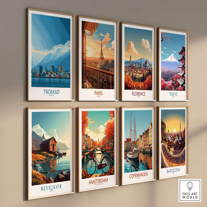 Tromsø Norway Art Print | Snowy Mountain City Poster displayed among various city art prints