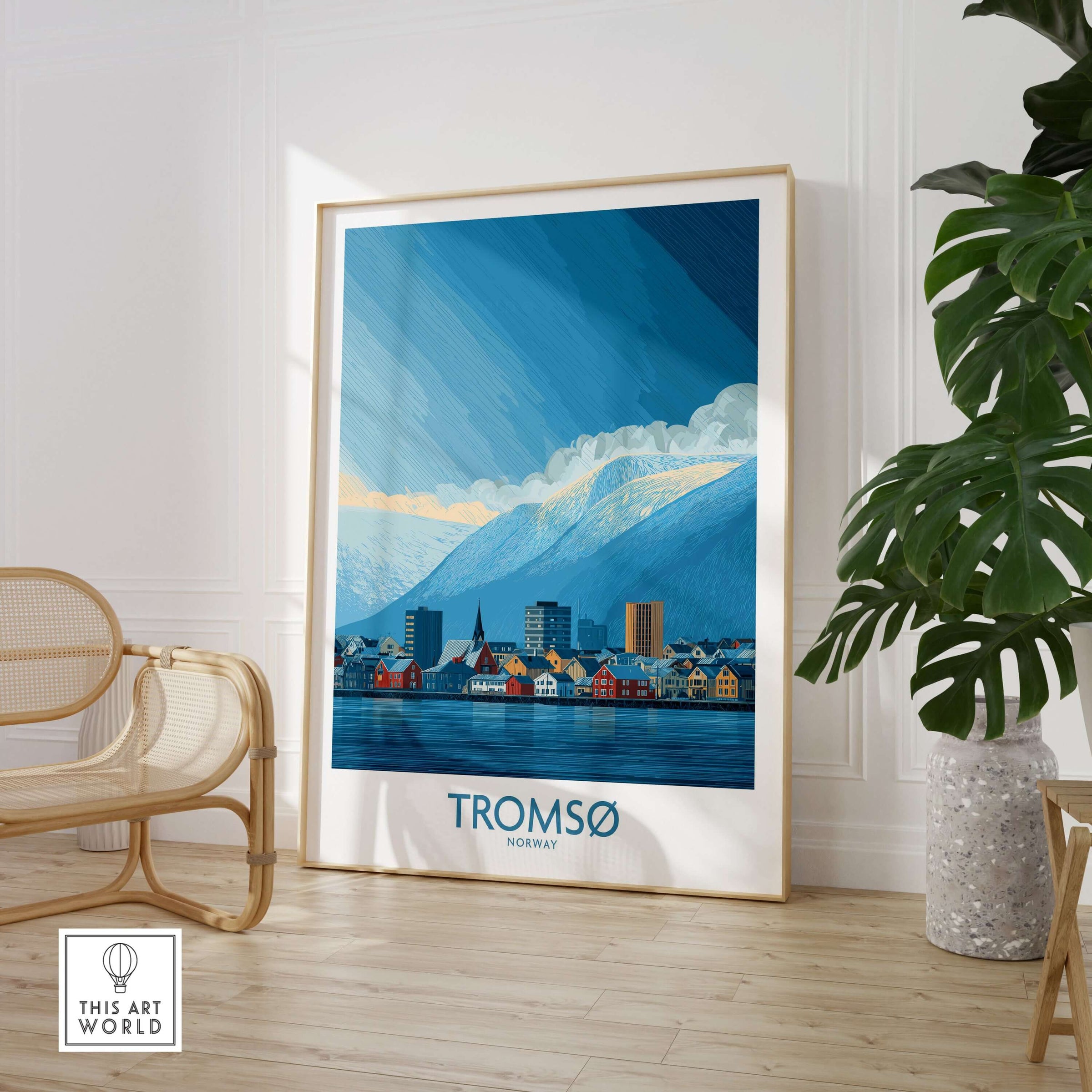 Tromsø Norway Art Print | Snowy Mountain City Poster showcasing a vibrant city against snowy mountains.