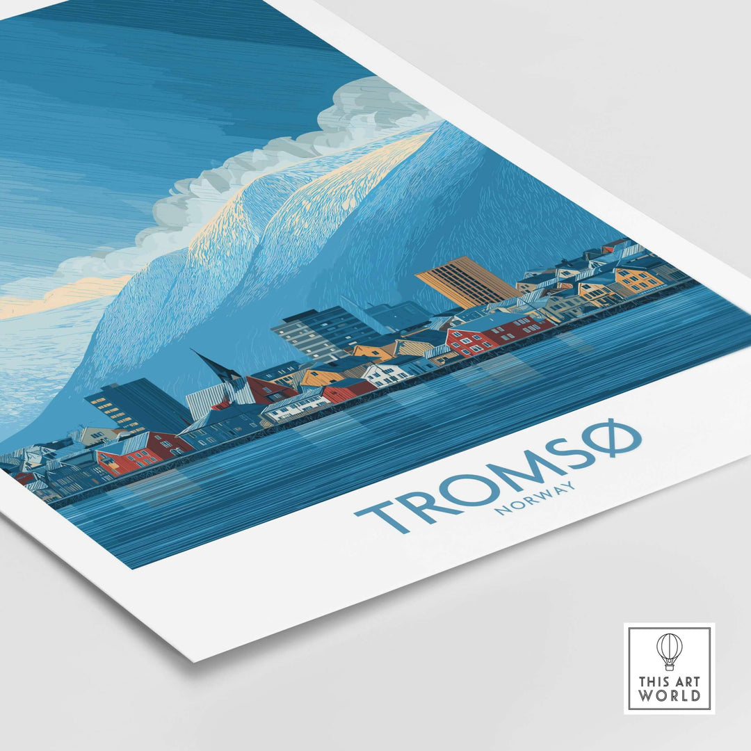 Tromsø Norway Art Print | Snowy Mountain City Poster featuring stunning snowy mountains and colorful houses in Tromsø.