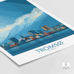 Tromsø Norway Art Print | Snowy Mountain City Poster showcasing colorful buildings with snowy mountains in the background.