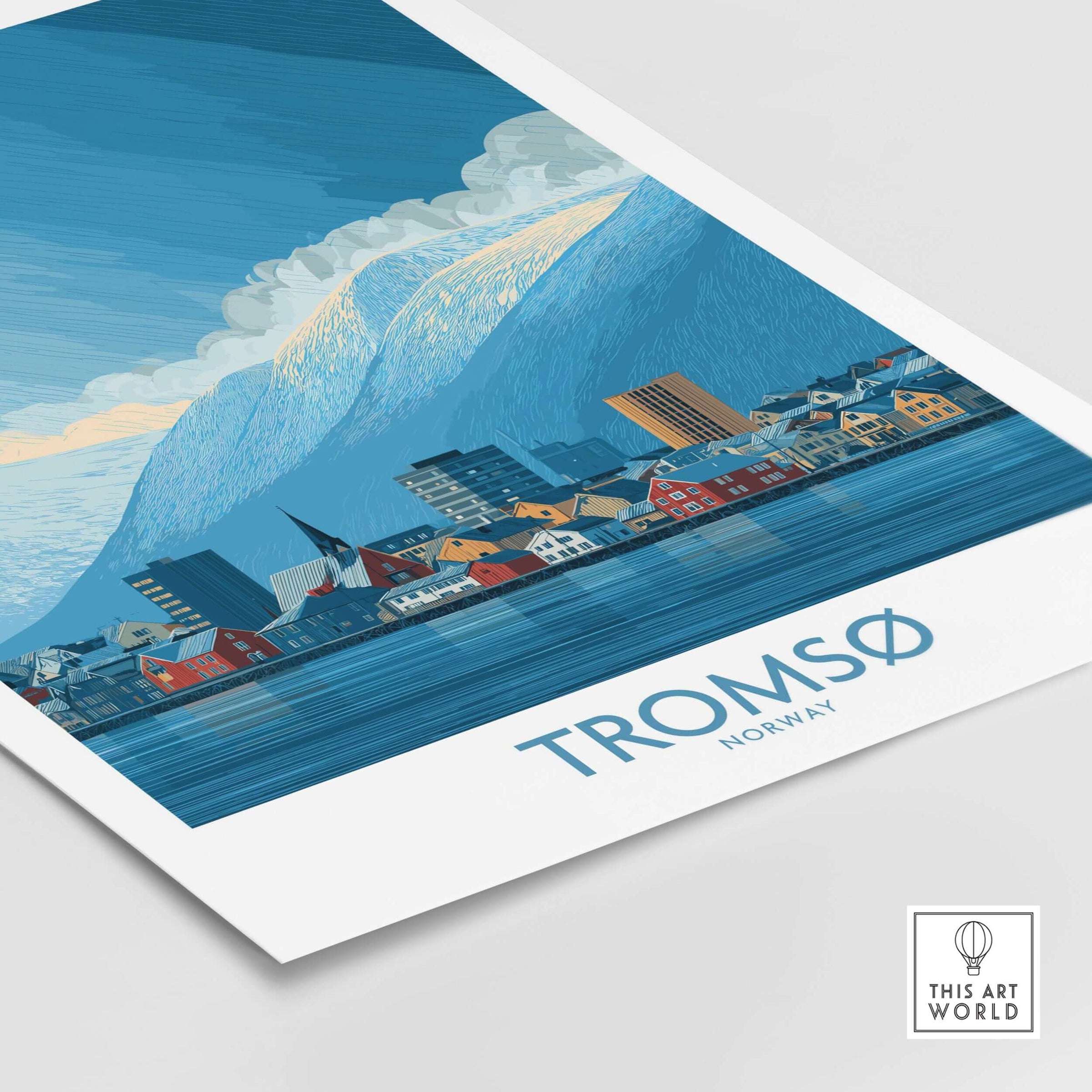 Tromsø Norway Art Print | Snowy Mountain City Poster showcasing colorful buildings with snowy mountains in the background.