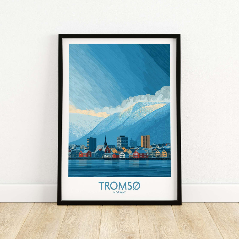 Tromsø Norway Art Print | Snowy Mountain City Poster displayed in a modern frame against a minimalist wall.