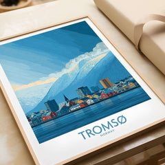 Tromsø Norway Art Print | Snowy Mountain City Poster showcasing a colorful cityscape with snowy mountains in the background.