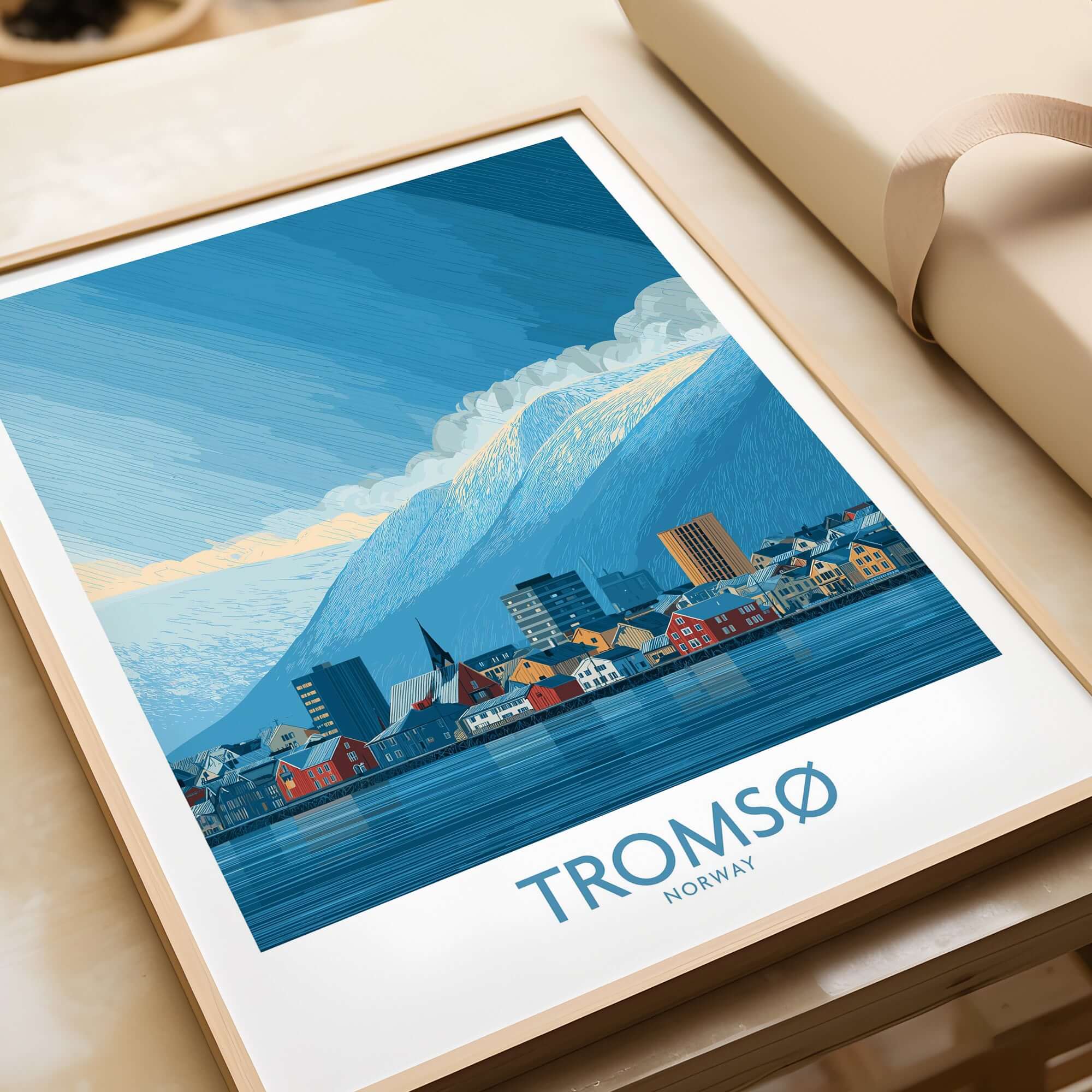 Tromsø Norway Art Print | Snowy Mountain City Poster showcasing a colorful cityscape with snowy mountains in the background.